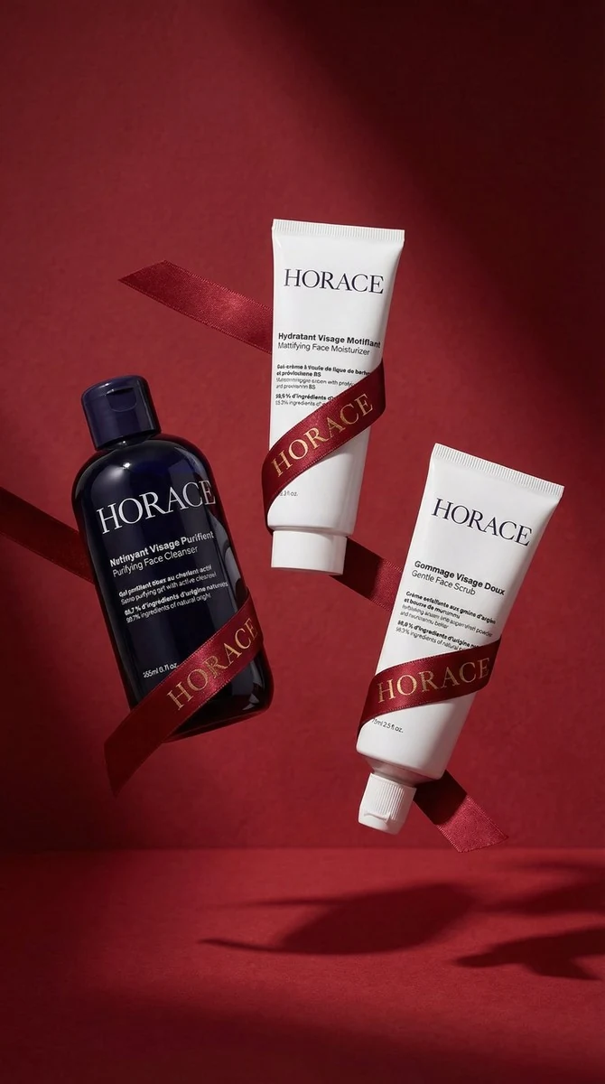 Packshot cosmétique homme sur fond rouge