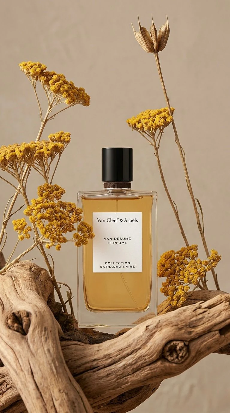 Packshot de parfum mis en scène sur bois flotté